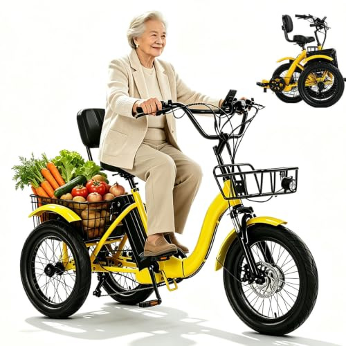 BoluDukNN Triciclo Eléctrico para Adultos, 18 Pulgadas Plegable con Neumáticos Anchos 3 Ruedas, Bicicleta Eléctrica De 3 Ruedas con Cesta Delantera Y Trasera,Ideal para Desplazamientos Diarios Yellow