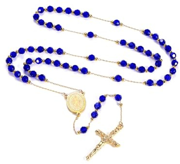 FaithHeart Medalla Santa María Collar Rosario Hombre Mujer Cuentas Azules Acero Inoxidable 316L Collar Largo 66cm Colgante Crucifijo Jesucristo Padre Hijo
