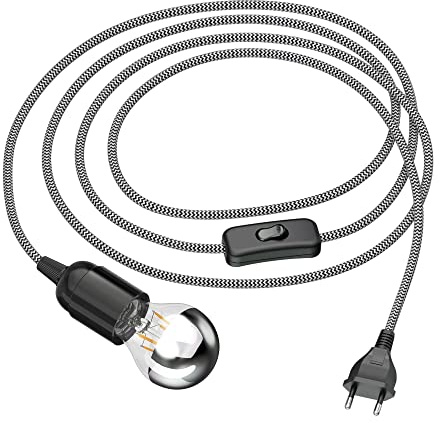 ledscom.de Textilkabel LEHA med stickpropp och strömbrytare, svart/vit, 3 m inkl. glödlampa 5,82W 667lm varmvit