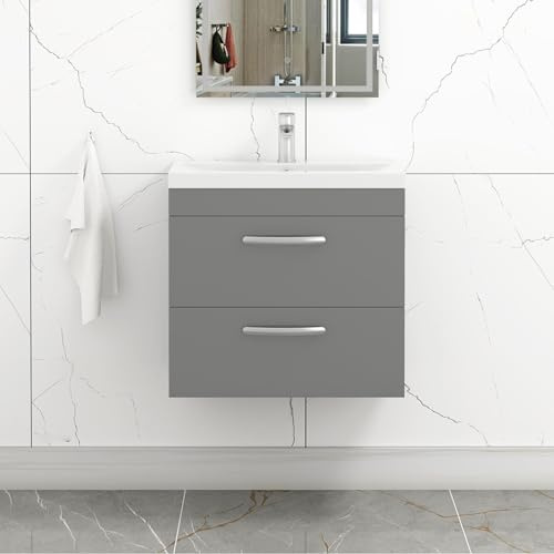 600mm Wall Hung Bathroom Vanity Unit Mid Edge Basin 2 Drawers Storage Cabinet Furniture - Indigo Grey Gloss
