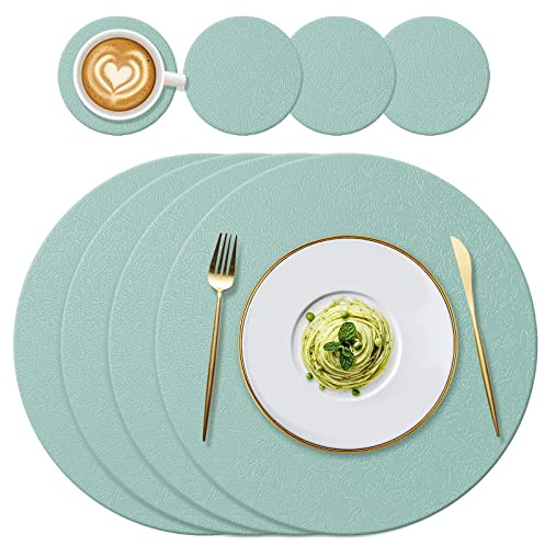 YUNJUER 4 Round Silicone Place mats(34cm) and 4 Coasters(10cm) Set, Heat-Resistant 450 °F Placemats, Non-Slip and Washable, Table Mats for Restaurant Indoor, Outdoor Glass Dining Table, (Light Green)