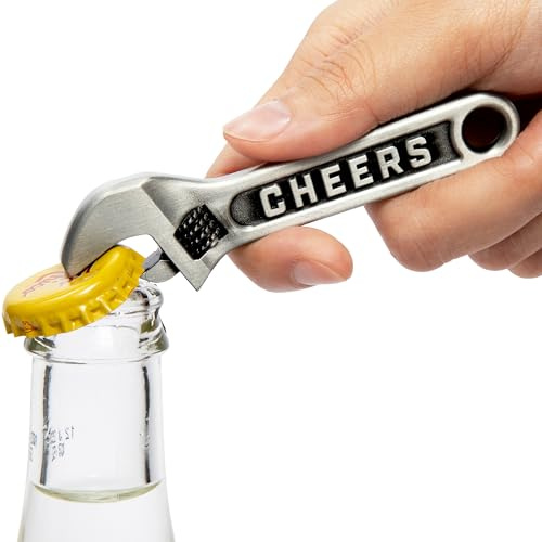 Cheers Wrench Bottle Opener Keychain – Heavy Duty Metal Beer Cap Tool, Funny Mechanic Gift for Men, Dad or Handyman, Garage Bar Accessory, Groomsmen Present, Birthday or Stocking Stuffer Idea