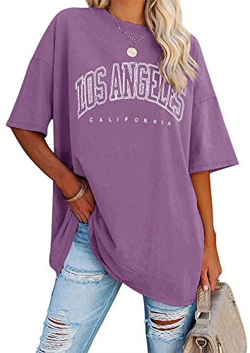Ebifin Oversize t-shirt damer vintage kortärmad rund hals Los Angeles toppar toppar casual lös basic sommar t-shirts skjortor blus.