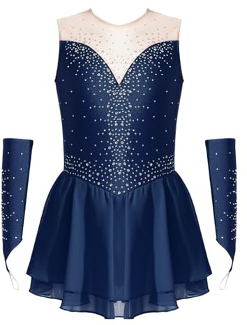 Manyakai Enfant Fille Robe de Patinage Artistique Strass Justaucorps Gymnastique Robe Danse Tenue Strass Brillant Costume Spectacle 5-16 Ans A Bleu Marine 9-10 Ans