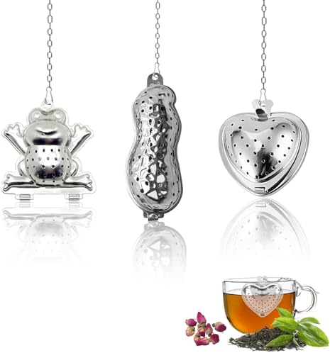 Tea Strainers for Loose Tea, 3 PCS 304 Stainless Steel Tea Infuser with Extended Chain Hook Cute Tea Filter Diffusers for Loose Herbal Tea Spice (Frog, Heart, Peanut)