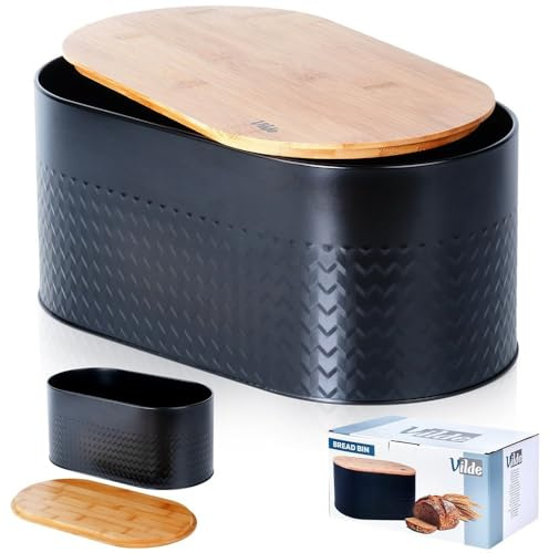 Vilde Boîte à pain en acier avec planche en bois, noire, 34 x 18,5 x 15,5 cm
