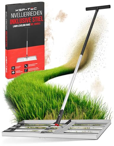 KSP-Tec® Rasen-Nivellierrechen Edelstahl 75×35 cm – Profi Rasennivellierwerkzeug mit Stiel – Perfekter Rasen durch einfaches Sanden, Ebnen & Pflegen - Rasenrakel