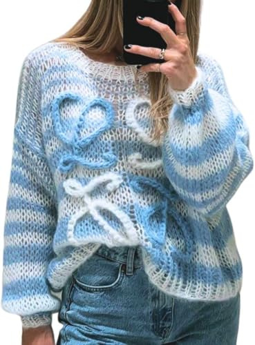Goolecrimp Pull décontracté à Rayures Arc-en-Ciel pour Femmes y2k Mode Manches Chauve-Souris Crochet lâche Pull Doux rétro léger Respirant tricoté Pull à col Rond pour Femmes