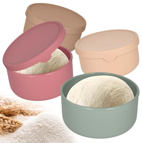 Dokeno Pizzaballenbox mit Deckel, 4er Set Gärbox innovative Teigbox aus löse-leichtem Silikon, Pizzateig platzsparend gären, Pizzateig Box, Pizza Zubehör, Pizza Box - Rosa, Blau, Grün, Beige - Ø14.5cm
