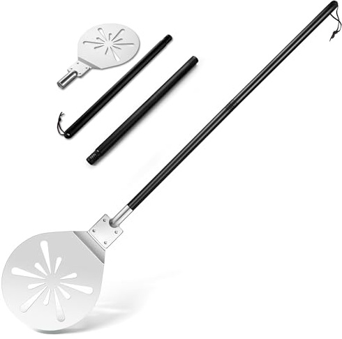 TEAMFAR Pizzaspade, 22,8 x 25,8 x 112 cm perforerad pizzaspade i rostfritt stål, pizzaspade, rund stor yta och avtagbart handtag för enkel glidning på pizzasten, lätt att rengöra