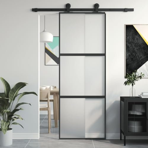 IKAYAA Porta Scorrevole da Interno in Vetro Trasparente ESG - Porte Interne Moderne Con Alluminio-Nero e Opaco - 76 x 205 cm
