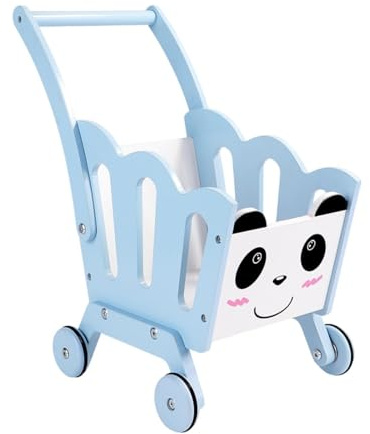 CoudarTitie Kids Shopping Cart Trolley Role Play Pretend Food Accessories Wooden Cart Supermarket Trolley for, Blue