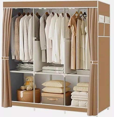 Canvas Wardrobe 170 * 130 * 45cm, Wardrobes for Bedroom, New Base Design Fabric Bedroom Wardrobes with 2 Hanging Rails and Side Bags, Fabric Closet, Cheap Folding Wardrobe