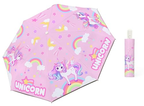 Ombrello Pieghevole Bambino Automatico,Ombrello Antivento Anti-UV con Strisce Riflettenti 360°,Leggero Compatto Ombrelli Anti-Riciclaggio Sicuro per Bebè, Ragazze e Ragazzi,Unicorno Arcobaleno