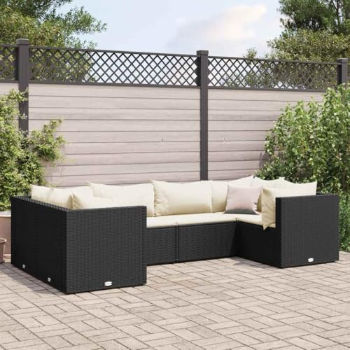 QJBSAVVA Salon de jardin 6 pièces en rotin synthétique noir 63 x 63 x 57,5 cm avec coussins crème Groupe de sièges modulaires Structure en acier robuste et stabilité UV pour balcon, terrasse, jardin