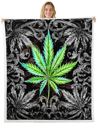 Homewish Cannabis Leaf Plush Throw Blanket,Botanical Plants Print Flannel Fleece Blanket for Boys Girls Teens All Season,Marijuana Weed Leaves Bed Blankets Room Decor 30x40,Green