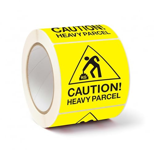 STAR BOX 1x Rouleau Étiquettes Adhésives Colis Lourd, 100x100 mm, Jaune Sécurité, Papier Thermique, Rouleau 500 Unités, Avertissement Poids Lourd, Forte Adhérence