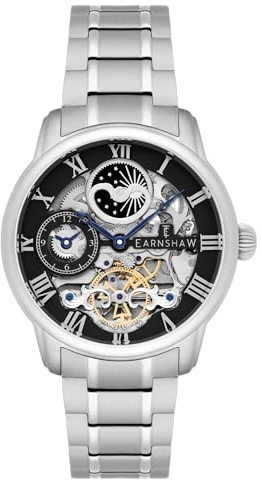 Thomas Earnshaw Mens 44mm Longitude Dual Time Automatic Skeleton Watch with 12 Hour Dual Time, Sun & Moon Display and Decorated Rotor ES-8006-11