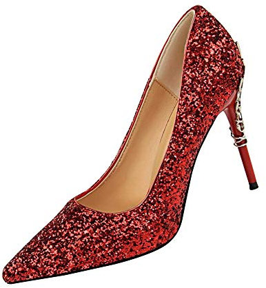Womens Ladies Glitter High Heel Pointed Stiletto Court Shoes Party Clubbing Pumps with Carved Metal Heel Red UK 6.5