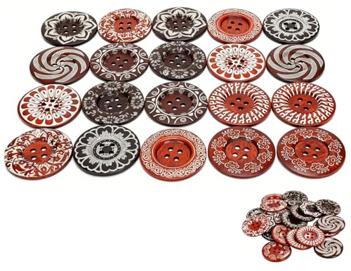 20 PZ Mixed Pattern Legno Pulsanti, 6 cm Cucire Pulsanti con 4 fori Craft Forniture Kit per Cucire Artigianato Decorativo
