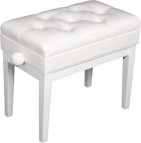 QUIK LOK - PB/106 WH L PANCA IN LEGNO PER PIANOFORTE Con Seduta Imbottita, Finitura Capitonné, Vano porta spartiti, Altezza Regolabile da 46 a 55 cm, Seduta 55 x 33 cm, in Ecopelle, Bianco Lucido