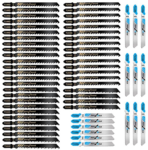 60Pcs Jigsaw Blades Set, Contractor Assorted T Shank Jig Saw Blades, Multi-Purpose HCS/HSS Saw Blades for Cutting Wood, Plastic, PVC and Metal (T144D, T244D, T111C, T118A, Each 15pieces)