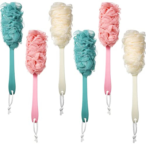 Mimorou 6 Pcs Loofah with Handle 17 Inch Long Handle Back Loofah for Shower, Loofah on a Stick for Men Women Elderly, Soft Bath Body Brushes Exfoliating Scrub Cleaning Luffa for Bathing, 3 Colors