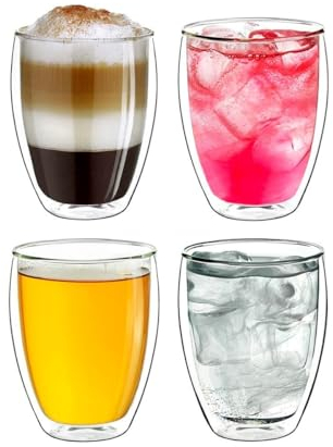 Recamania Set de 4 Vasos de vidrio de doble pared de 250 mL – Aislantes, resistentes al calor, ideales para bebidas calientes y frías