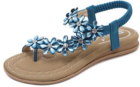 ZOEREA Damen Sandalen Sommer Flach Sandals Frauen Bohemia Strass Sandals PU Leder Elastischen Strand Sommerschuhe Zehentrenner Stil 5 Blau, 40 EU
