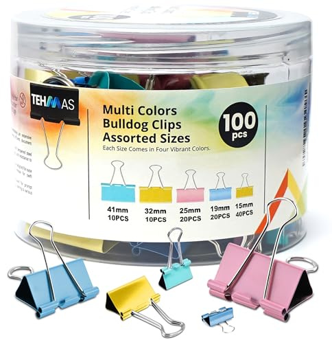 Tehmas 100pcs (41,32,25,19 & 15mm) Multi-Size Bulldog Clips – Assorted Sizes Multi-Colour Stainless-Steel Clips - Ideal for Home, School and Office Use - Perfect Document and Paper Organizer Tool