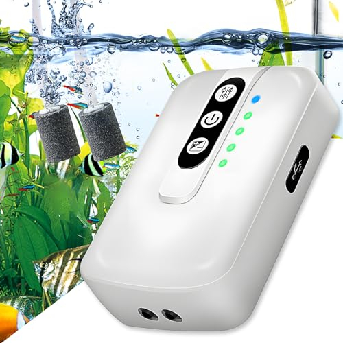 Aquarium Luftpumpe,Wiederaufladbare Sehr Leise Aquarium Luftpumpe,2 Einstellbare Luftauslässe,2W Leistungsstark Sauerstoffpumpe für Angeln im Freien, Aquarium, Stromausfall