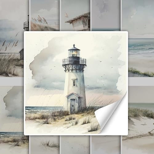GRAZDesign Fliesenaufkleber Bad & Küche, maritim Leuchtturm Strand Watercolor, Klebefliesen selbstklebend - 15x15cm / 10 Stück