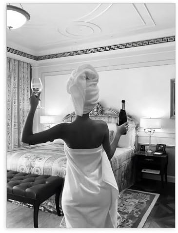 LAEYJWR Wandkunst, Motiv: schwarze und weiße Frau, Retro-Cocktail-Poster, Mode-Fotografie, Bild, Frau, trinkt Champagner, Leinwanddrucke, Vintage, ästhetisches Kunstwerk, 30,5 x 40,6 cm, ungerahmt