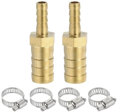 PATIKIL 1/4 to 1/2 Brass Hose Barb Reducer, 2Pcs Barbed Hose Fittings with 4 Stainless Steel Clamps Reducing Splicer Mender Union Adapter for Air Water Fuel
