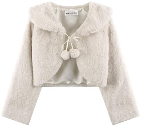 Bolerose Veste Boléro Fille Fausse Fourrure Pompons | Doublure Satin, Nœud en Ruban, Col Rabattu, Manches Longues, Coupe Courte, Chaleur Légère, 3-10 Ans