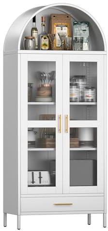 SUPEER Vitrine aus Metall Sideboard Standschrank mit Bogendach,Vitrinenschrank Küchenschrank mit 2 Glasstür & 1 Stauraum Schubladen, Glasvitrine Schrank für Wohnzimmer Schlafzimmer, 185x80x40 cm（weiß）