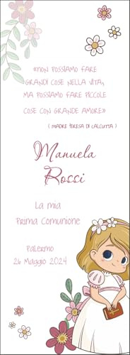 Segnalibro Comunione Personalizzato, 30 pezzi o più, Tema Floreale con Illustrazione di bambina