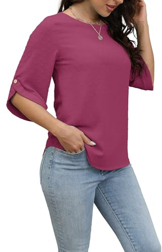 Oneezit Camicette Estive Donna con Maniche 3/4 T-Shirt Casual Moda Scollo Rotondo Manica Corta Blusa Rosso Red L