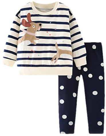 amropi Tuta da Bambina Felpa a Manica Lunga Stampata e Pantaloni Leggings 2 Pezzi Completo Righe Pois,6-7 Anni