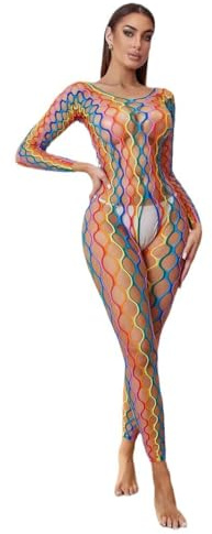 KFLY Women's Fairy Lingerie Bodystocking Fishnet Rainbow Bodysuits Outfits | Babydoll Hollow See Through Mesh Tights Underwear Colorful Long Sleeve Nightwear Bikini Covers Up for Festival Party