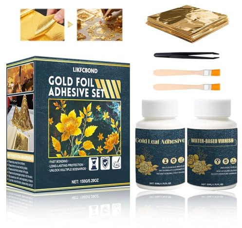 LIKFCBOND Colla per Foglia d'oro, Colla per Doratura, Foglie d'oro 50 Pz, 50 ML Adesivo per Foglie d'oro a base Dacqua e 50 ML Olio Protettivo per Foglia Doro, Set Foglie d'oro per Artigianato