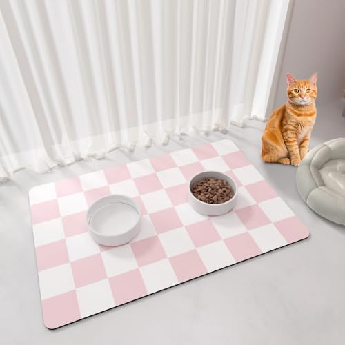 Tappetino Cibo Gatto BLESWIN – 51 x 30,5 CM Tappetino Ciotole Cane, Tovaglietta a Scacchi per Animali Domestici, Antiscivolo Tappetino Animali Domestici per Bevitori Disordinati, Rosa e Bianco