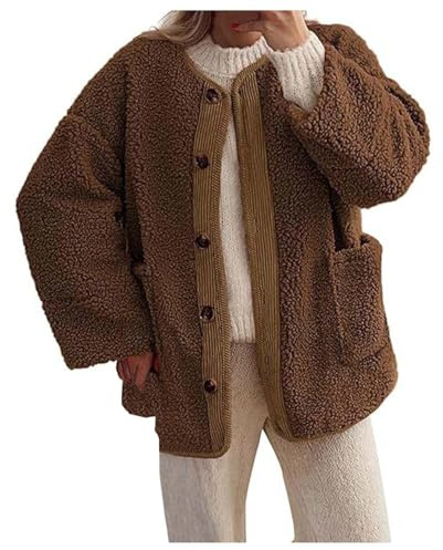 RUIRUILICO Cardigan Femme Bouton Ouverte Devant Décontracté Manteaux Imitation Peau de Mouton Ample Manches Longues Veste Polaire avec Poches Automne Hiver