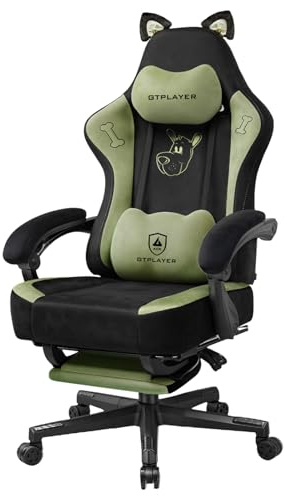 GTPLAYER Niedlicher Gaming Stuhl mit Samtstoff, Gaming Chair, ergonomischer Bürostuhl Gamer Stuhl mit Katzenohren, Memory-Schaum und Fußstütze, 150kg, Grün