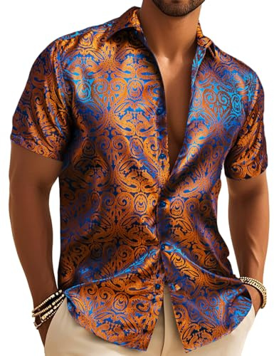 Barry.Wang Chemise en soie pour homme - Motif cachemire floral - Manches courtes - Pour soirée de mariage