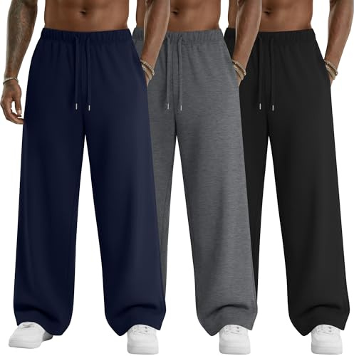 Baggyfly 3 Pack Men's Big and Tall Sweatpants Wide Leg Open Bottom Baggy Joggers Casual Drawstring Pants with Pockets(Navy Blue, Dark Gray, Black,4X-Large)