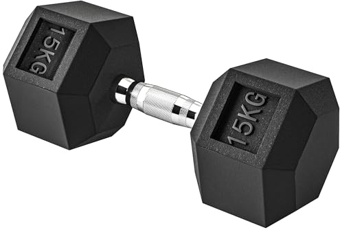 HOMCOM Mancuerna Hexagonal, 15 kg, de Hierro Fundido, Recubierta de Goma, Pesa con Barra de Conexión para Entrenamiento en Casa, Gimnasio y Oficina, Negro y Plata