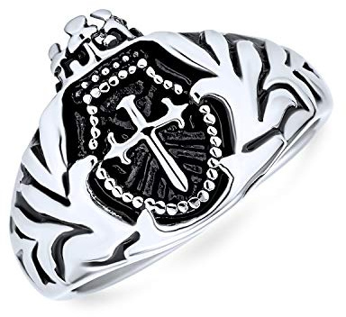 Bling Jewelry Couronne Religieuse Pour Hommes Bouclier De Chevalier Viking Bague De Sceau Croisée Fleur De Lis Pour Hommes En Ton Argent Oxydé En Acier Inoxydable