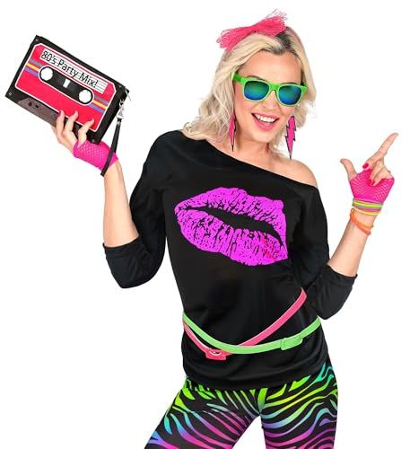 W WIDMANN MILANO Party Fashion - T-shirt femme années 80, épaules dénudées, design rétro pour le carnaval, les soirées à thème et les événements années 80