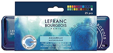 Lefranc Bourgeois 301446 fin akvarellfärg i metalllåda 24 levande färger i 1/2 skålar, 1 ekorrhårborste nr 8